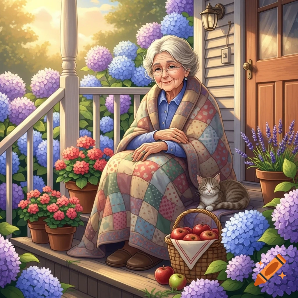 An old woman wrapped in a quilt sits on a porch, surrounded by colorful hydrangeas and potted flowers, with a cat and apples.