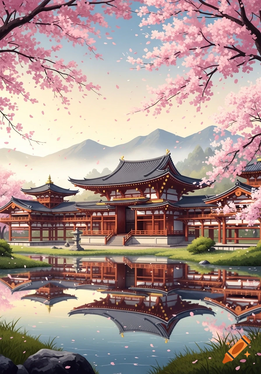 An anime-style Japanese temple with red and dark roofs, surrounded by pink cherry blossoms and distant mountains, reflected in a calm pond.