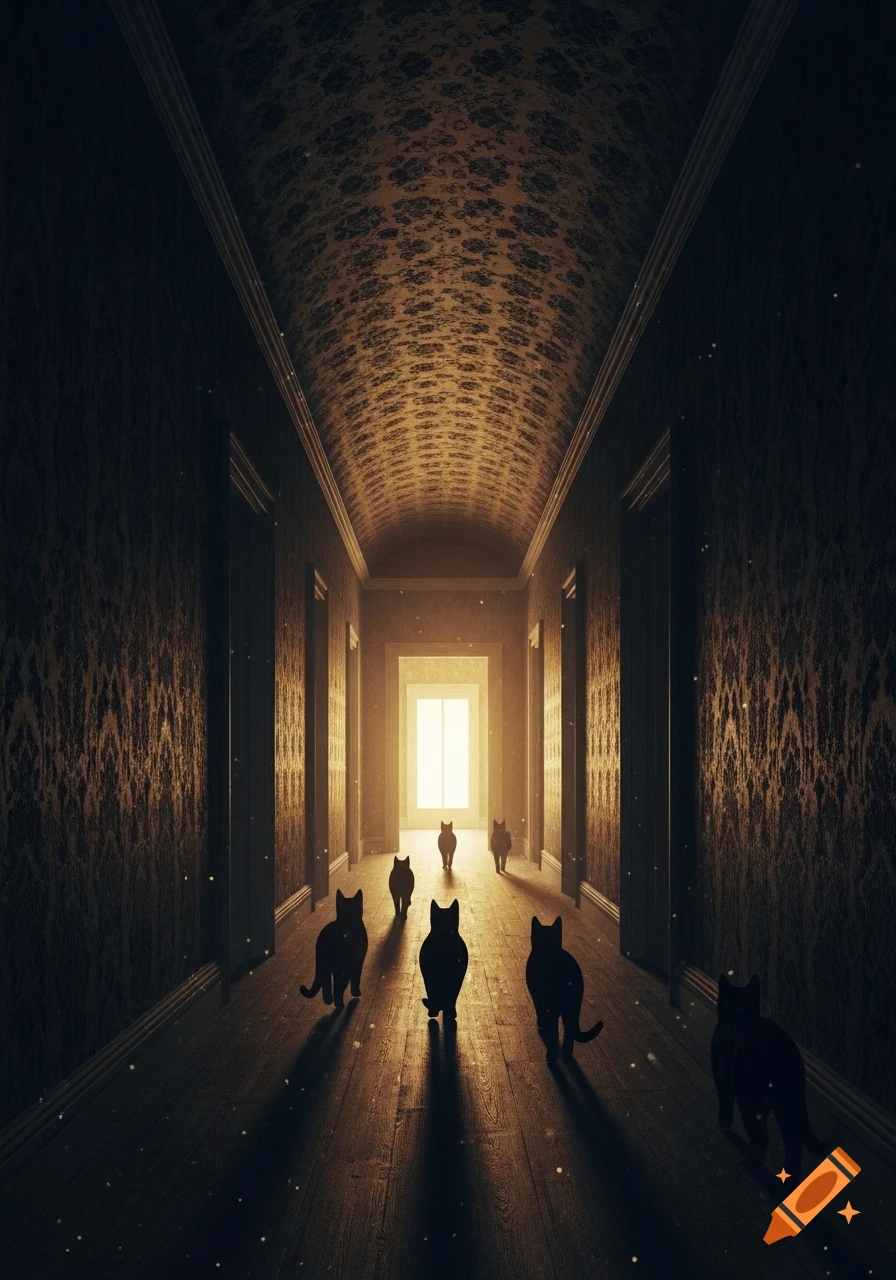 Eerie long hallway with ornate wallpaper. Several black cat silhouettes walk towards a bright light at the end, casting long shadows.