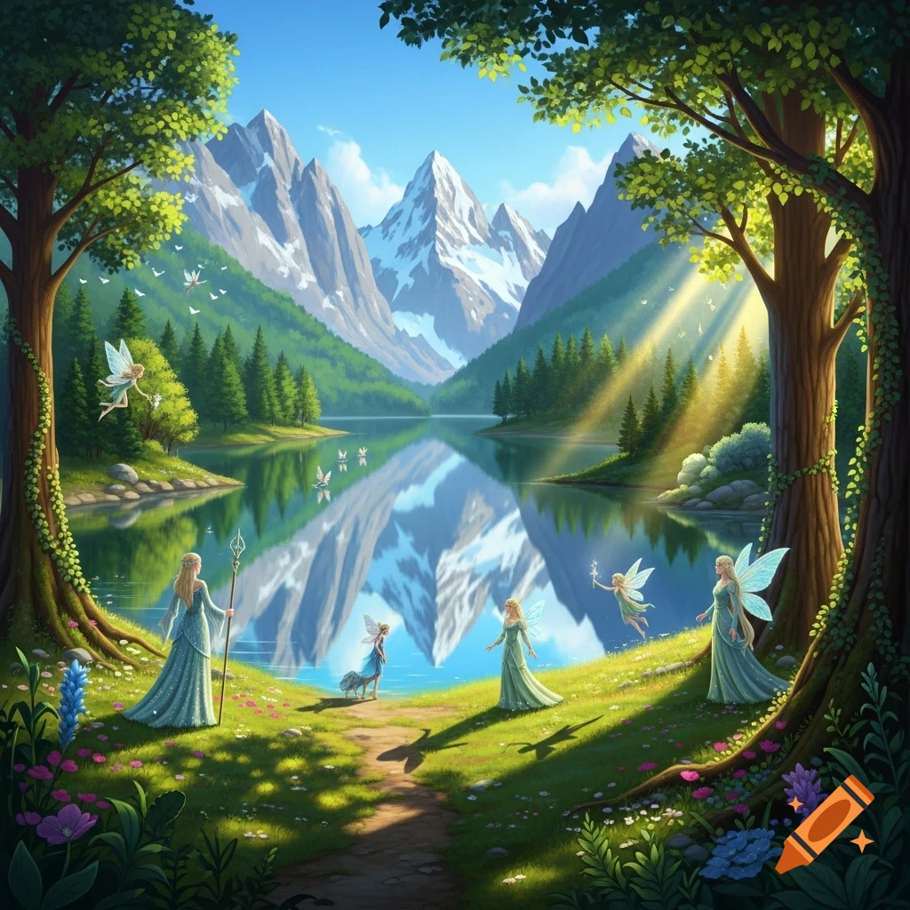 Vibrant fantasy landscape with a clear lake reflecting snowy mountains, a lush forest, and several fairies and elves.