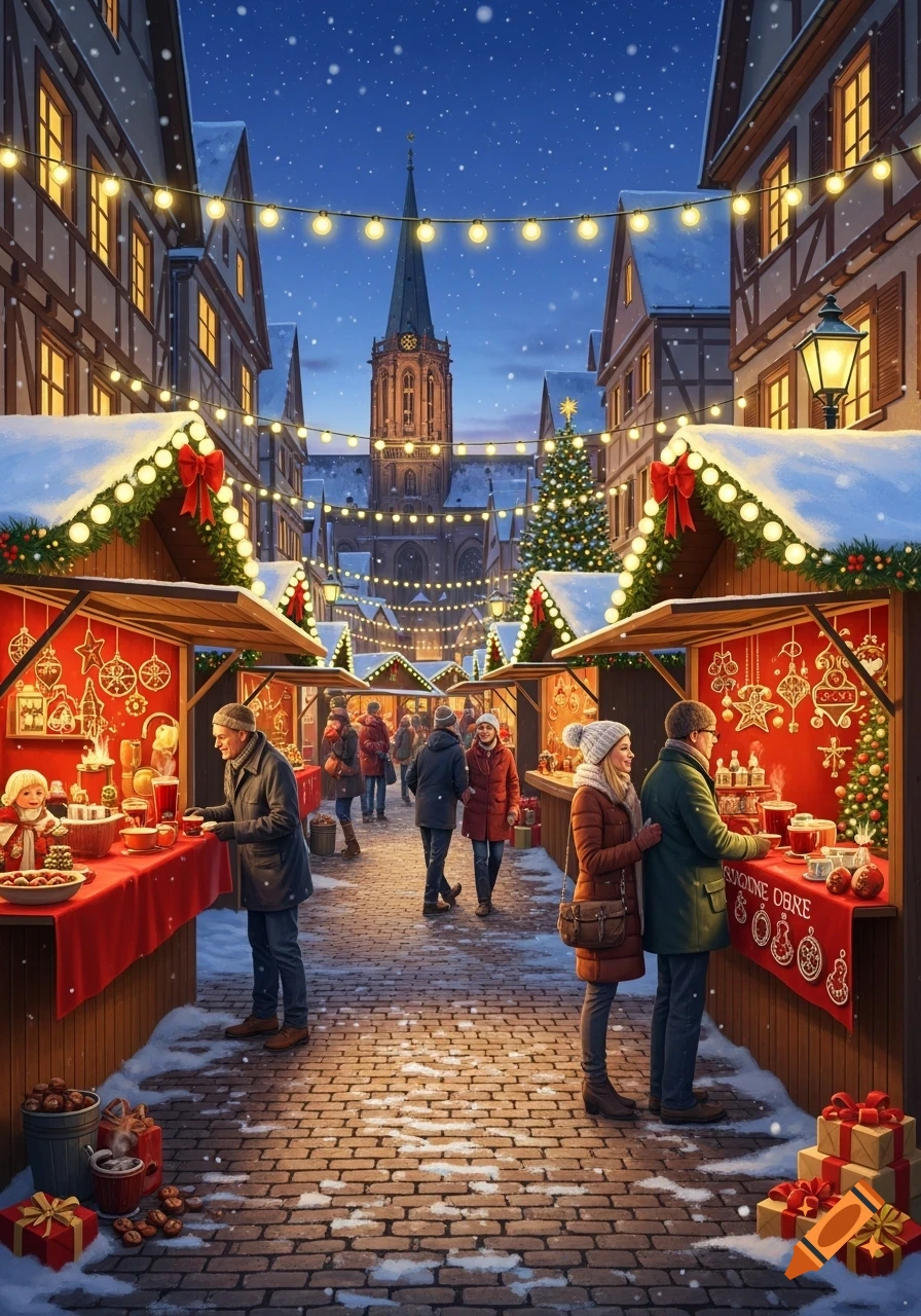 A festive Christmas market in a snowy town square at night, lit by string lights and stall lamps, with people browsing.