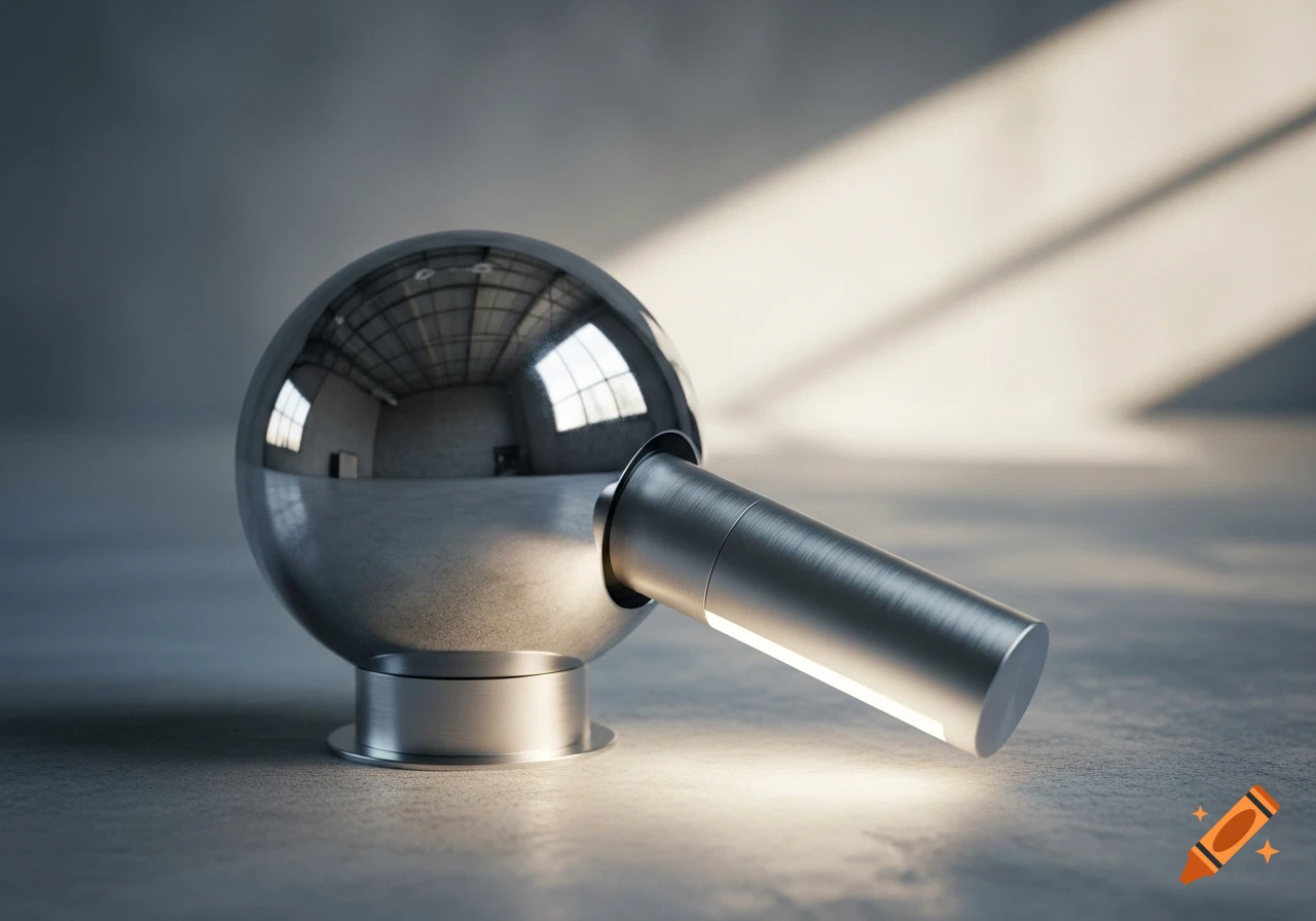 Photorealistic image of a shiny chrome sphere connected to a brushed metal cylinder emitting light, on a concrete surface.