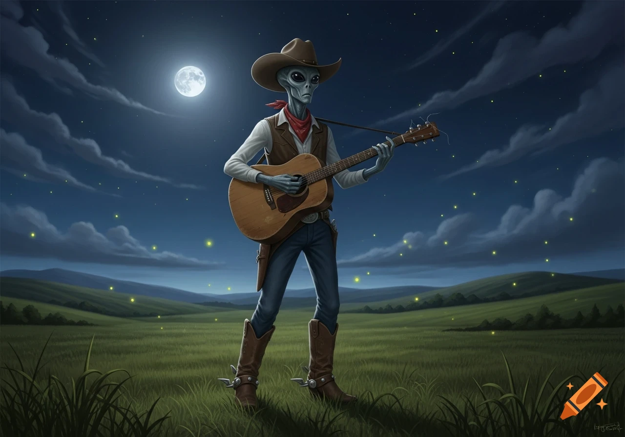 Illustrated gray alien in cowboy hat and vest playing an acoustic guitar in a moonlit grassy field with fireflies.
