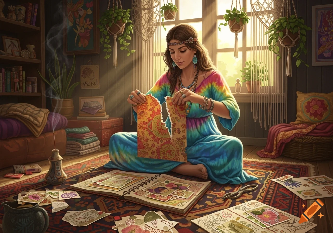 A hippie woman in a tie-dye dress sits cross-legged on a patterned rug, ripping decorative paper for a scrapbook in a sunlit bohemian room.