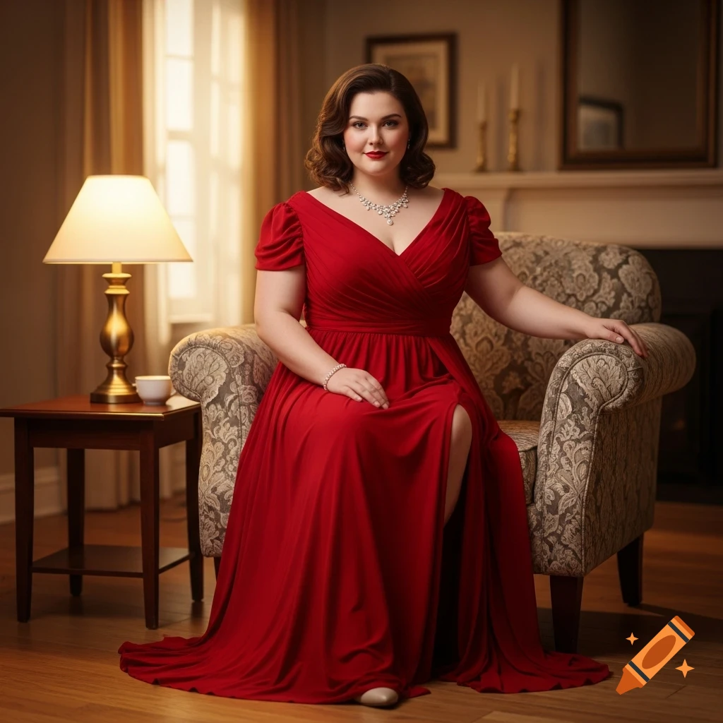 A woman in a red evening gown seated on an armchair in a cozy room, lit by a lamp.