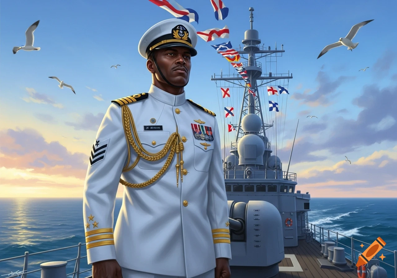 A Black male naval officer in a white dress uniform stands on a warship deck, with colorful flags, flying gulls, and the ocean at sunset.