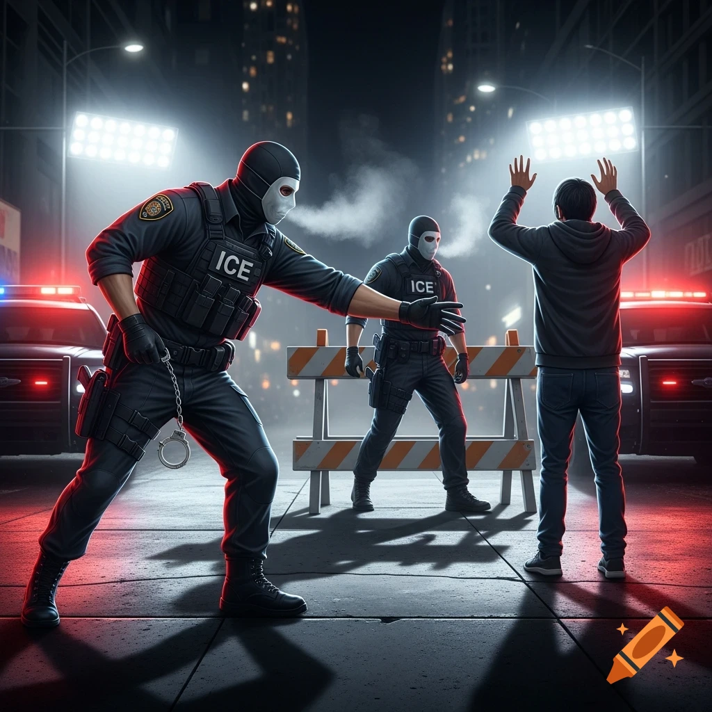Masked ICE agents with handcuffs arrest a person with hands raised on a dark city street with police cars and spotlights.