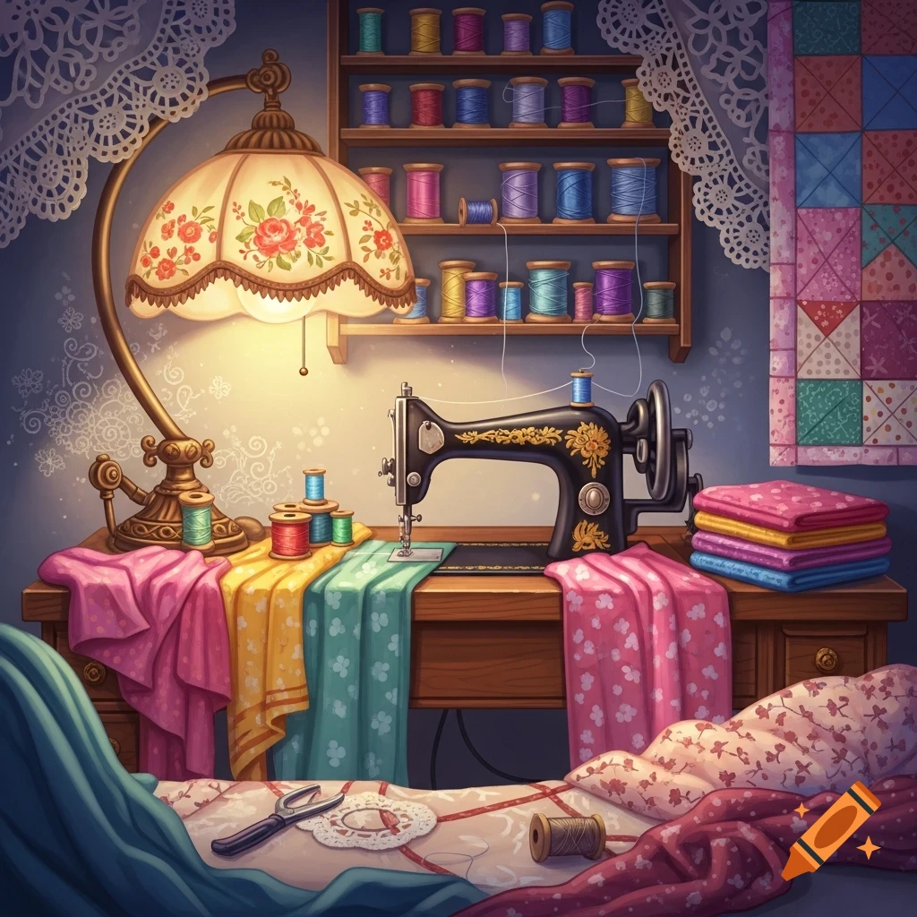 A cozy, illustrated sewing station with a vintage sewing machine, colorful fabrics, thread spools, an ornate lamp, and a patchwork quilt.