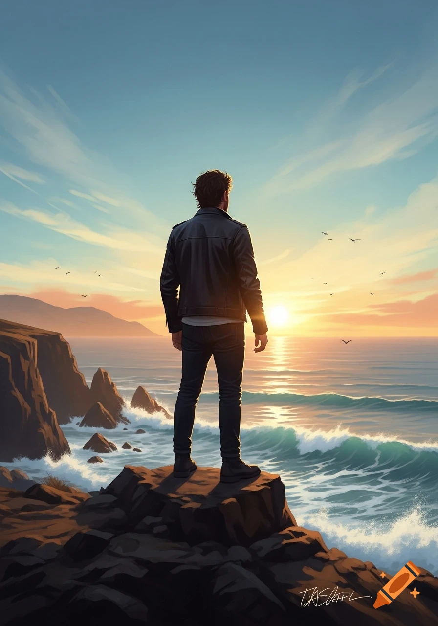A man in a leather jacket stands on a cliff overlooking the ocean with a sunset on the horizon.