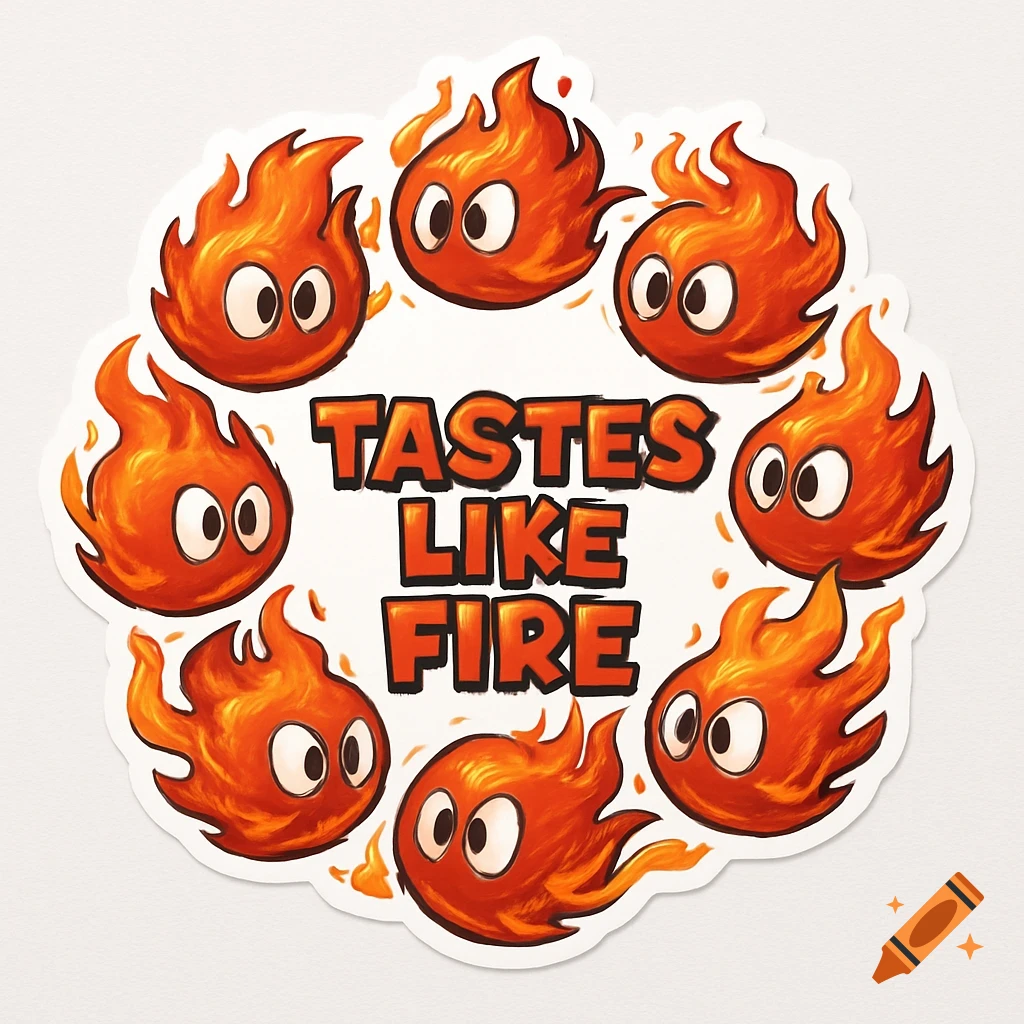 A circular sticker design featuring a ring of cute cartoon fireballs with eyes surrounding the text 'TASTES LIKE FIRE' in a bold, retro font.