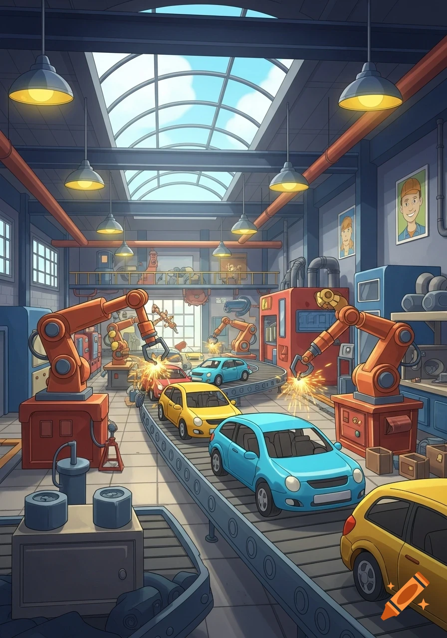 A cartoon-style car factory with robotic arms welding cars on a conveyor belt under a skylit roof.