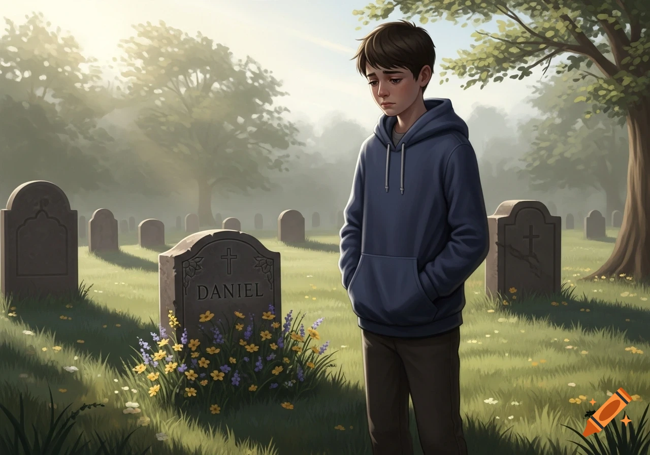 A sad boy in a blue hoodie stands in a sun-dappled graveyard, looking at a tombstone marked "DANIEL" with flowers, illustration.