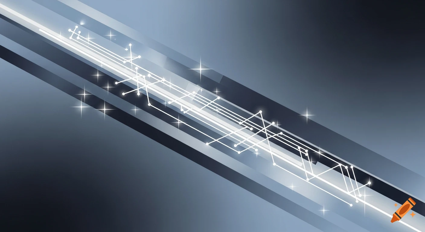 Abstract background with diagonal blue-grey stripes and glowing white circuit lines with sparkling stars.