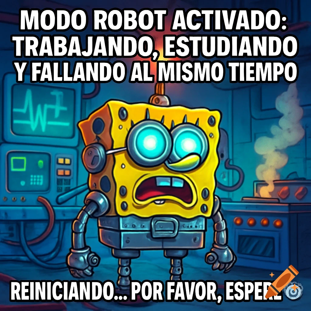 Cartoon Spongebob robot with glowing eyes in a futuristic kitchen, displaying meme text about activating robot mode and restarting.