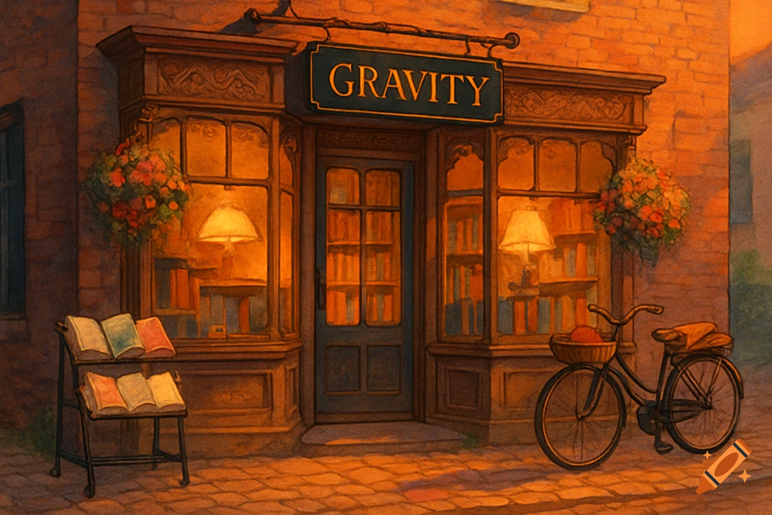 A warm, painterly scene of a cozy bookstore named 'GRAVITY' at dusk, with a bicycle parked outside and books on display.