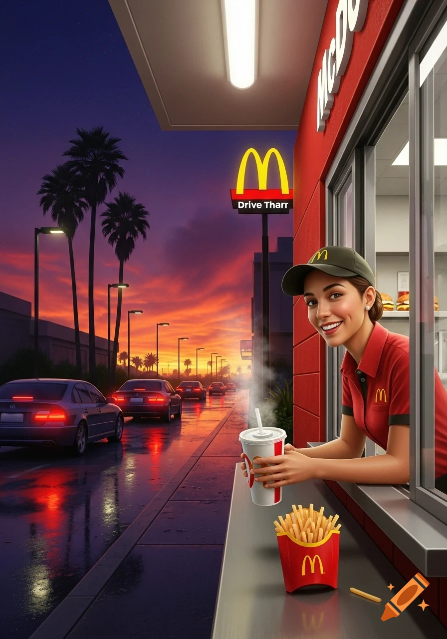 A smiling woman in a McDonald's uniform hands a drink from a drive-thru window at sunset, with cars on the wet street.