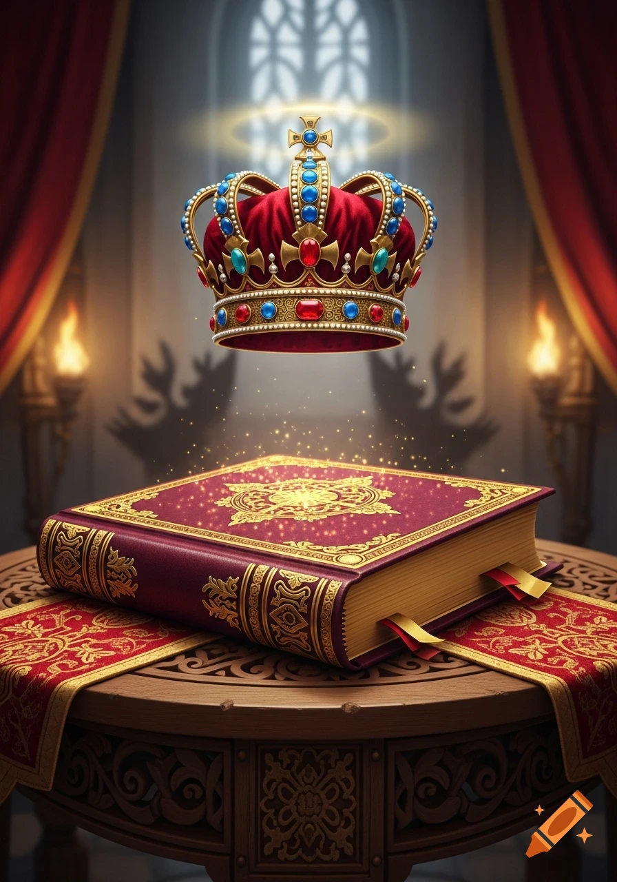 A jeweled gold and red crown floats above an ornate red and gold book on a carved wooden table in a dimly lit, grand room.