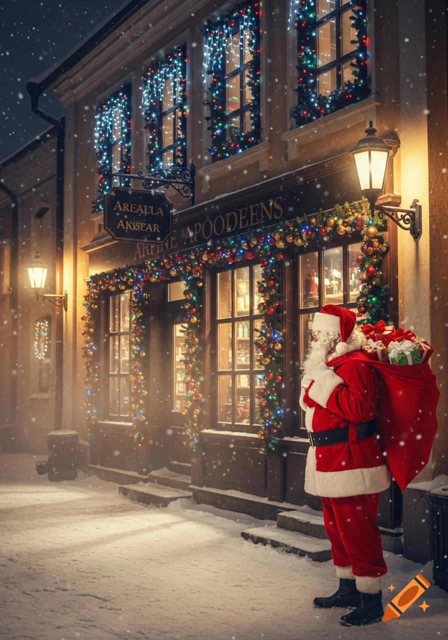 Photorealistic image of Santa Claus with a sack of gifts standing in front of a snow-covered old pharmacy decorated with Christmas lights on a snowy night.