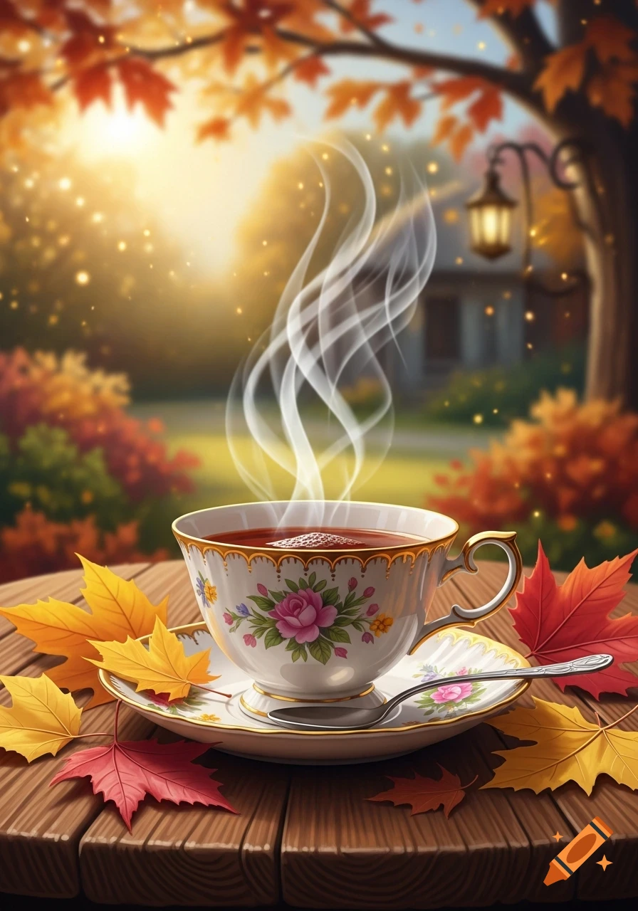 Steaming floral teacup on a wooden table with autumn leaves, sunlight in a cozy fall garden.