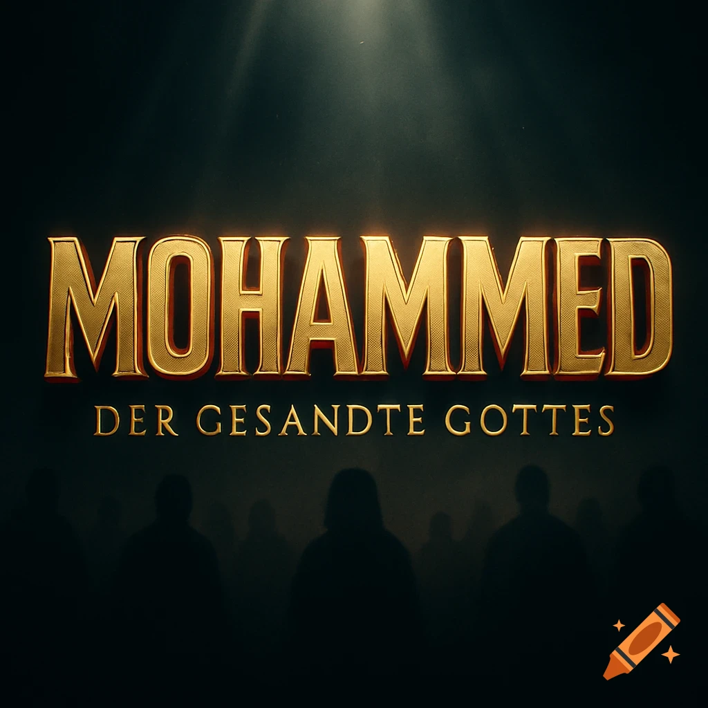 Gold text 'MOHAMMED' with 'DER GESANDTE GOTTES' below, on a dark, dramatic background with light rays and silhouetted figures.