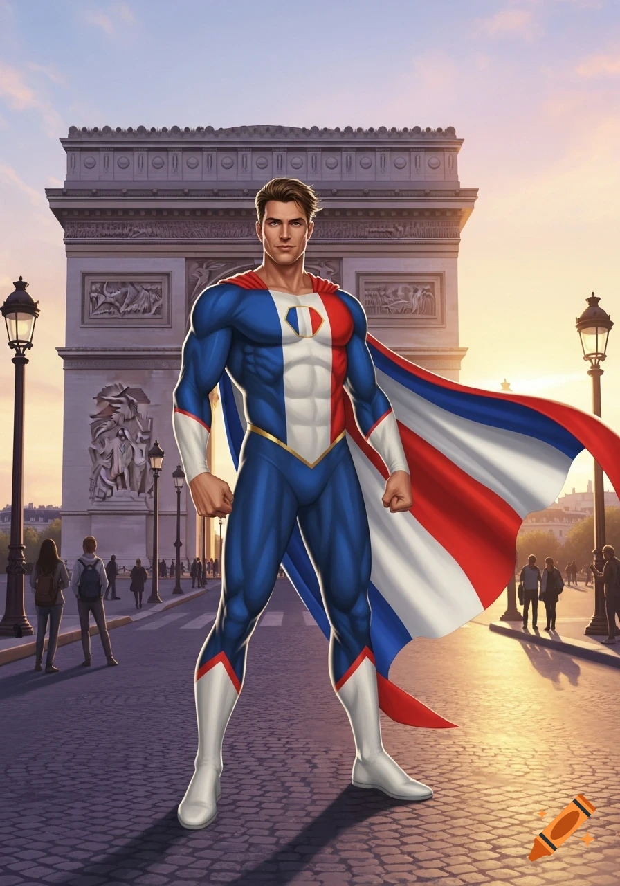 A handsome superhero in a French flag-themed suit and cape stands in front of the Arc de Triomphe at sunset in a comic book style.