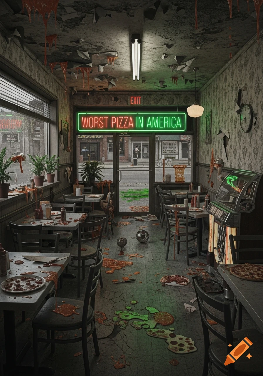 Dilapidated pizza restaurant interior with spilled food, cracked floor, and a neon sign proclaiming "WORST PIZZA IN AMERICA".
