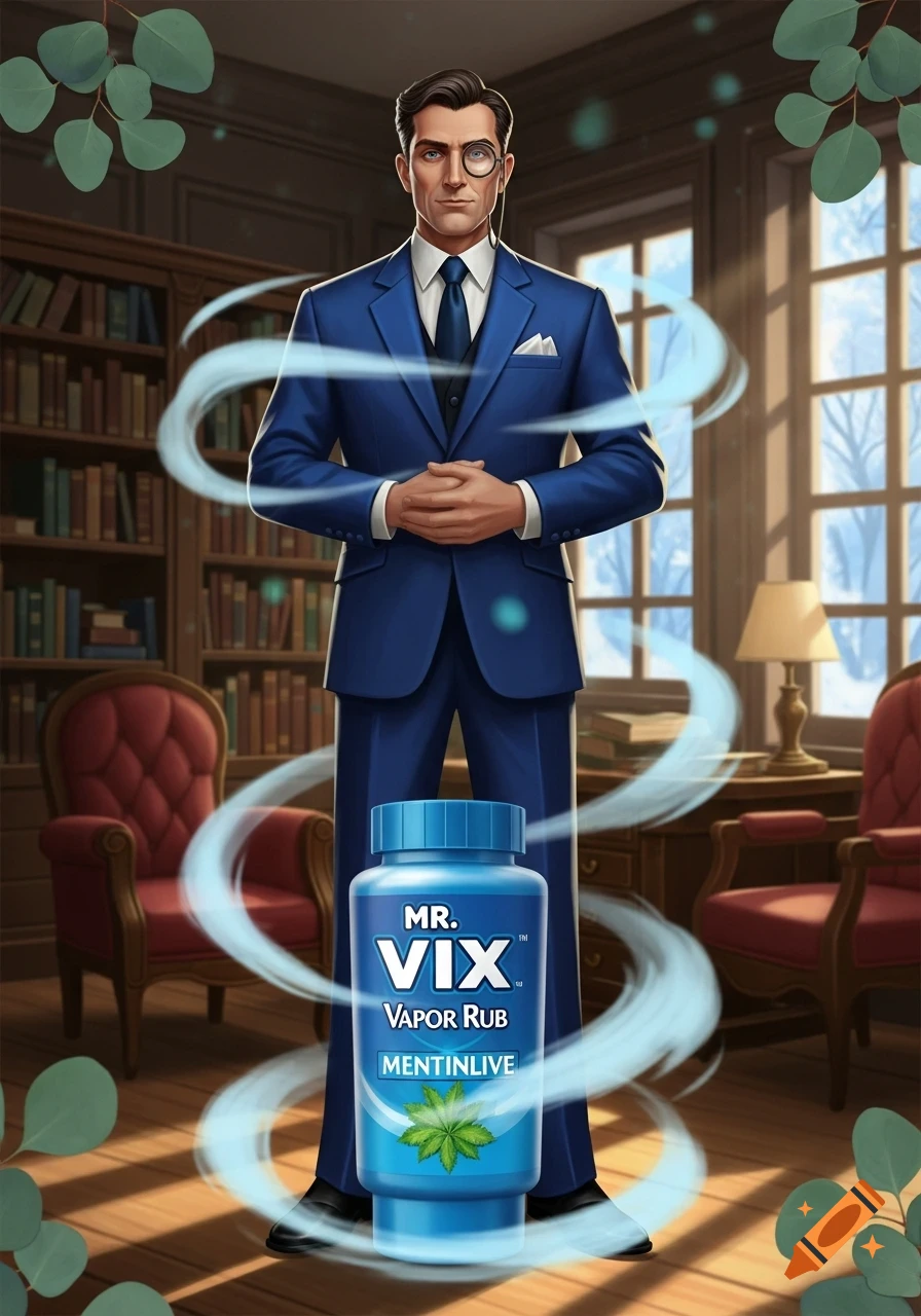 An elegant man in a blue suit and monocle stands in a wood-paneled study with bookshelves, next to a large blue bottle of "MR. VIX VAPOR RUB" with steam effect.