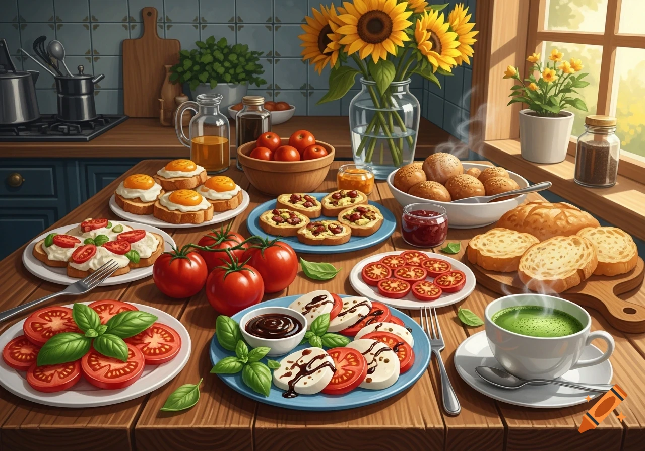 A colorful, stylized illustration of a bountiful breakfast spread on a wooden kitchen table, with sunflowers in a vase.