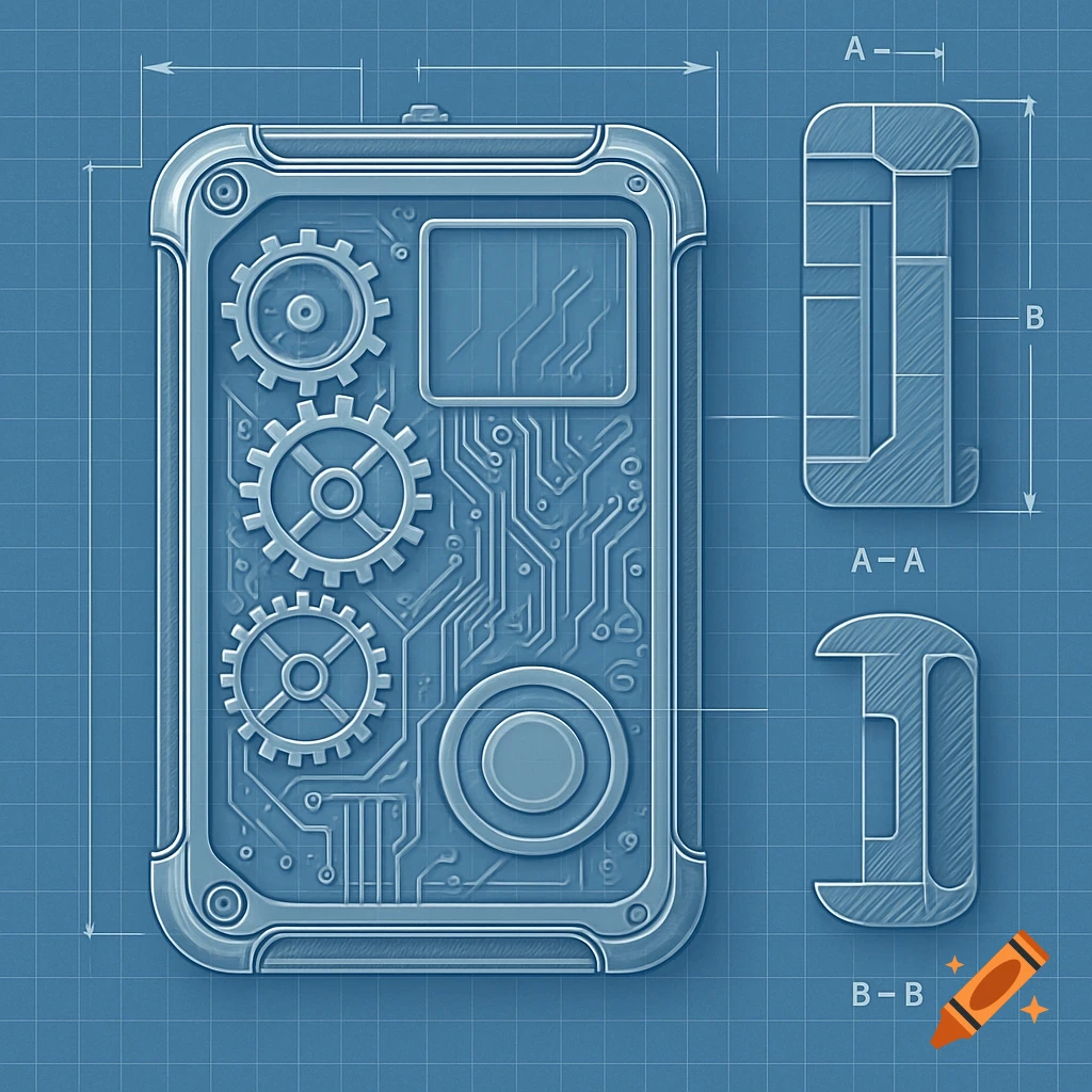 Detailed blueprint of a futuristic gadget with gears and circuit board design, displayed on a blue grid with side views.