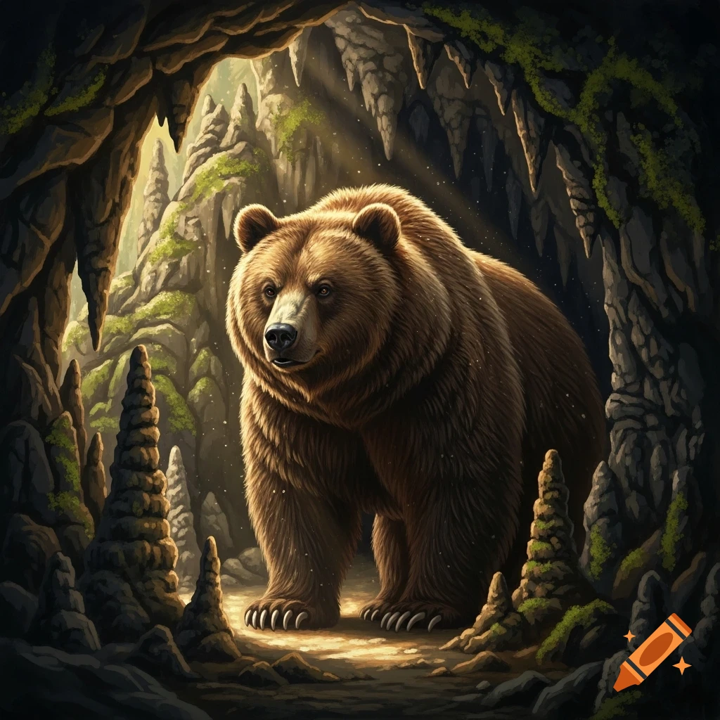 A large brown bear stands inside a mystical cave with stalagmites and stalactites, illuminated by light rays.