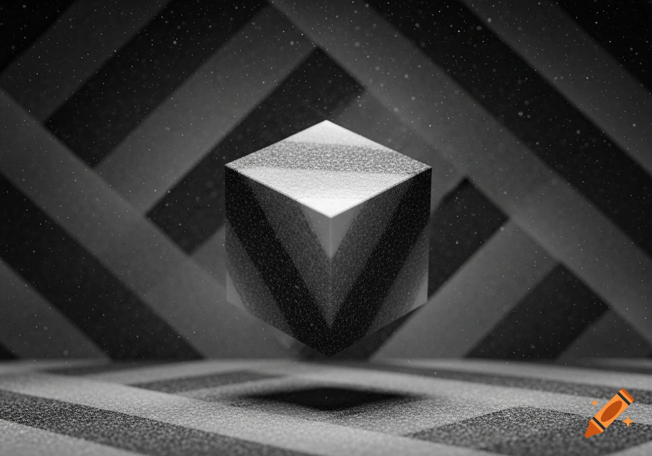 A grainy monochrome image of a floating cube against a grey and black striped background.