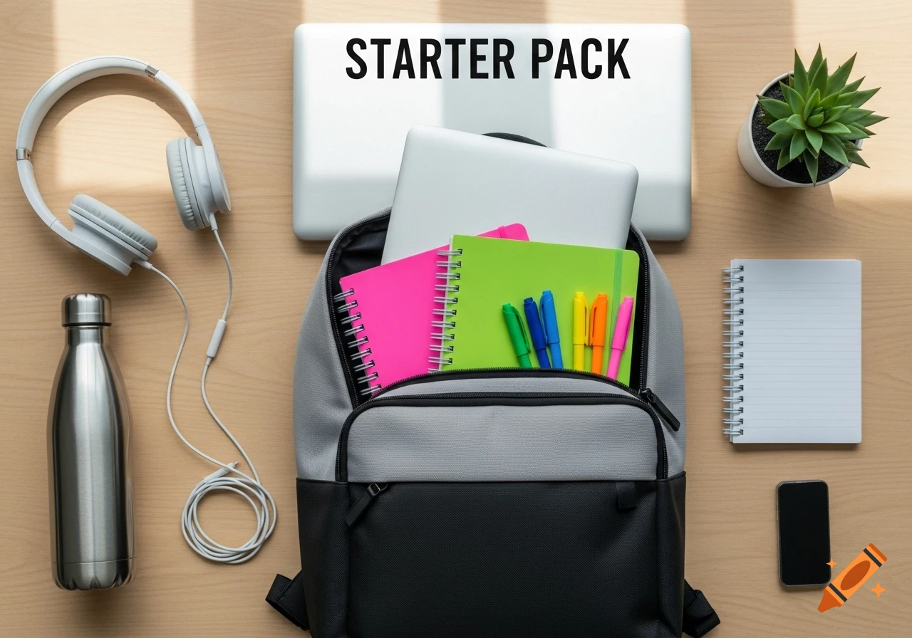A flat lay of a 'Starter Pack' including a backpack, laptop, notebooks, pens, headphones, water bottle, plant, notepad, and smartphone on a wooden desk.