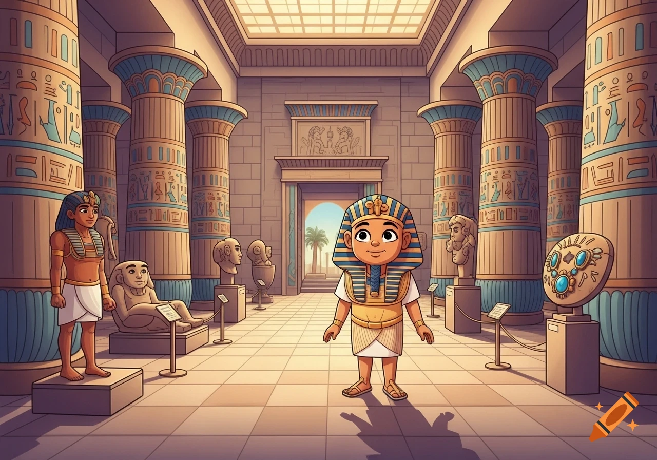 A smiling cartoon child dressed as King Tut stands in an Egyptian museum with large columns covered in hieroglyphs and ancient artifacts.