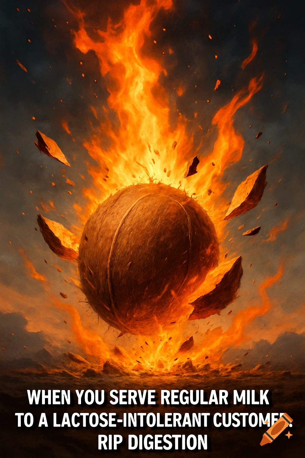 An exploding coconut surrounded by dramatic orange flames, with meme text about lactose intolerance.