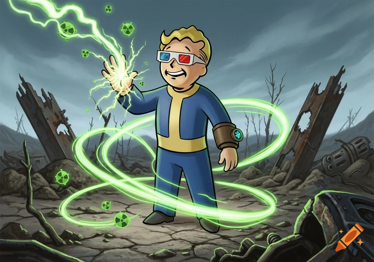 Vault Boy in 3D glasses wields green energy and radiation in a post-apocalyptic wasteland, cartoon style.
