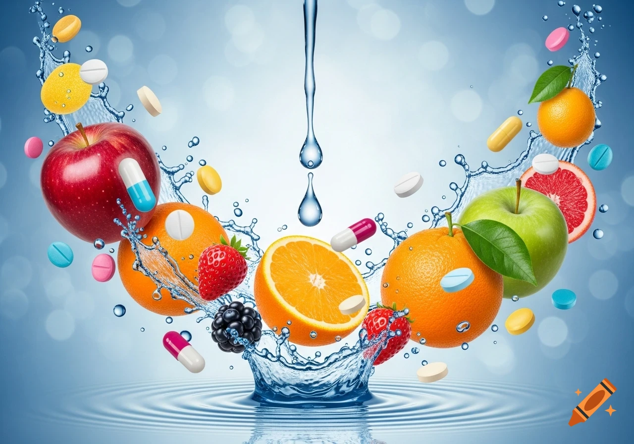 Vibrant fruits, colorful medicine pills, and water splashing against a blue background.