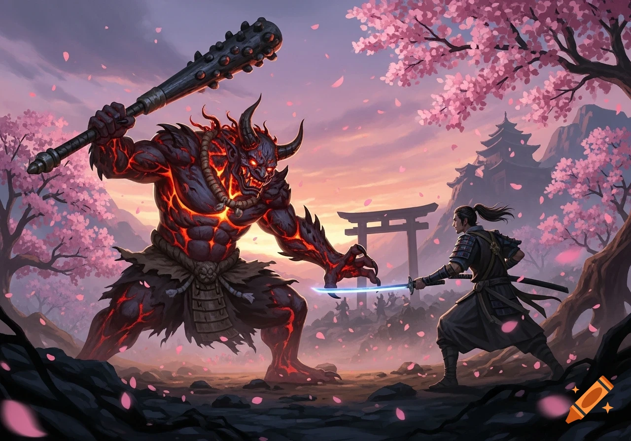 A samurai confronts a giant, glowing red oni wielding a spiked club, in a scenic Japanese landscape with cherry blossoms and a pagoda at sunset.