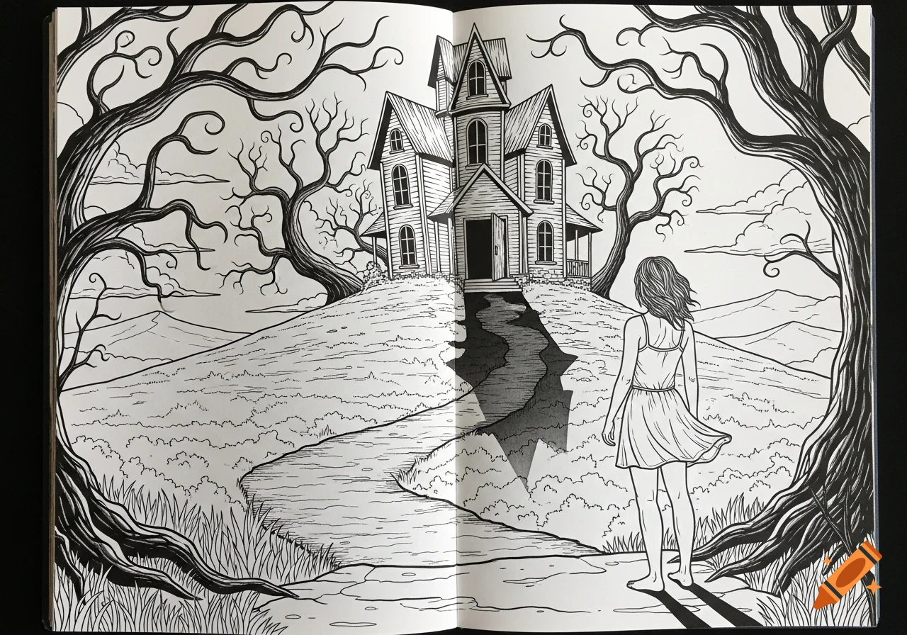 A black and white coloring book page shows a woman in a sundress approaching a spooky haunted house on a hill, surrounded by gnarled trees.
