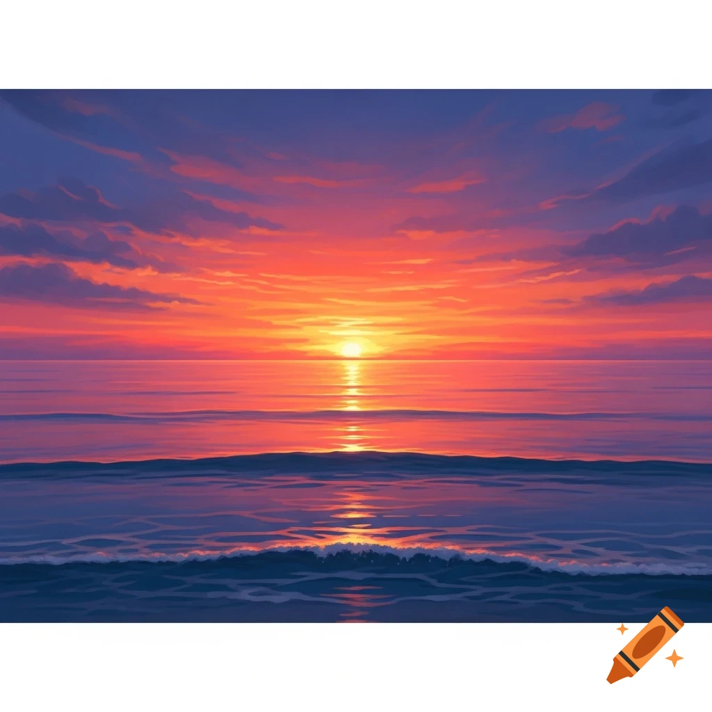 Vibrant painterly sunset over the ocean with orange, red, and purple ...