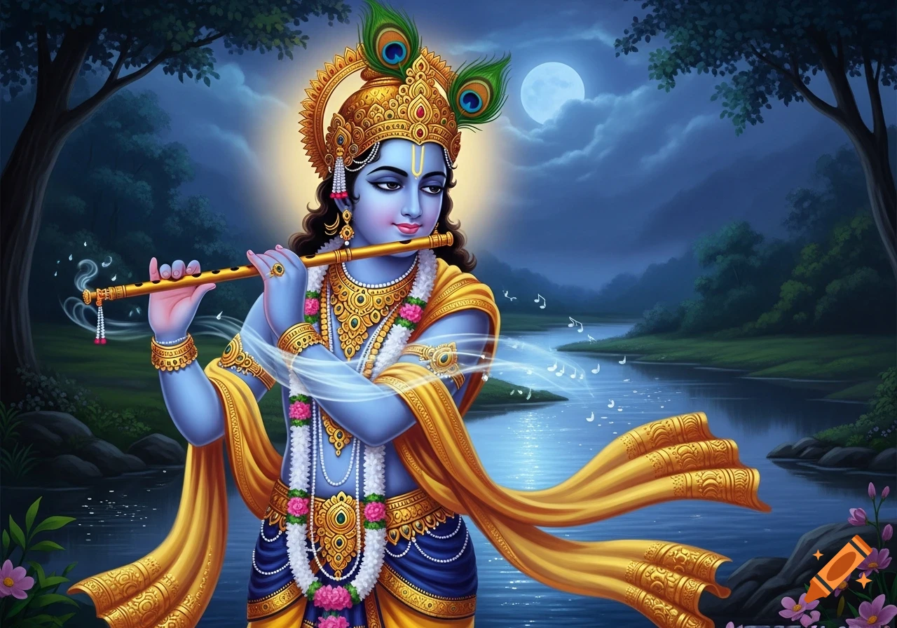 Lord Krishna with blue skin playing a golden flute by a river under a full moon in a serene, mystical forest.