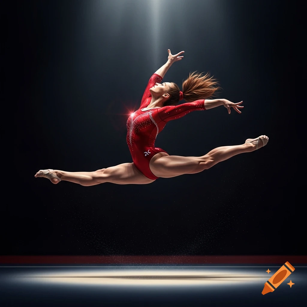 Female gymnast in a red leotard performs a split leap mid-air, illuminated by a spotlight on a dark background.