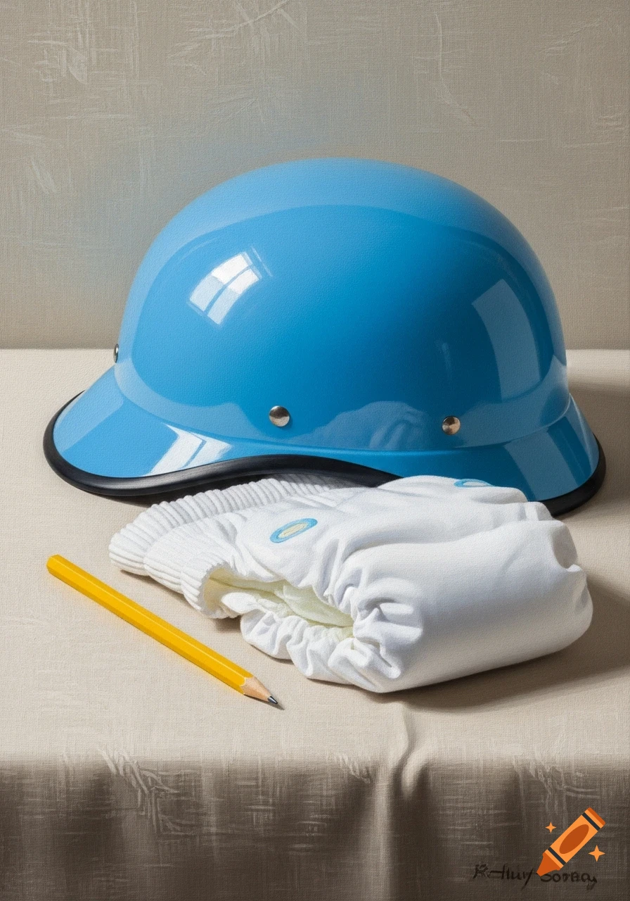 A still life painting of a bright blue helmet, a white cloth diaper, and a yellow pencil on a textured light brown tablecloth.