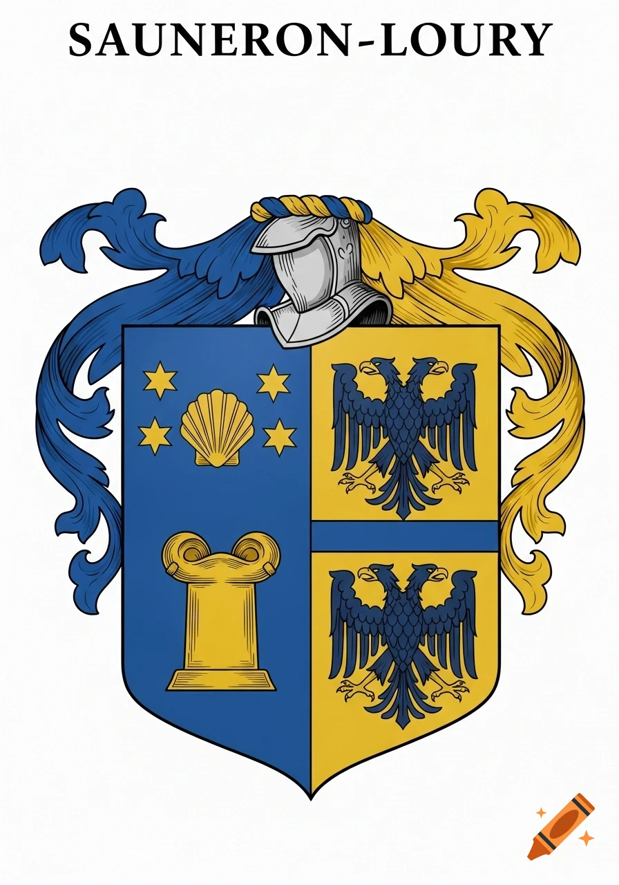 A heraldic coat of arms for SAUNERON-LOURY. The shield is blue and gold, featuring a helmet, stars, a shell, a tower, and double-headed eagles.