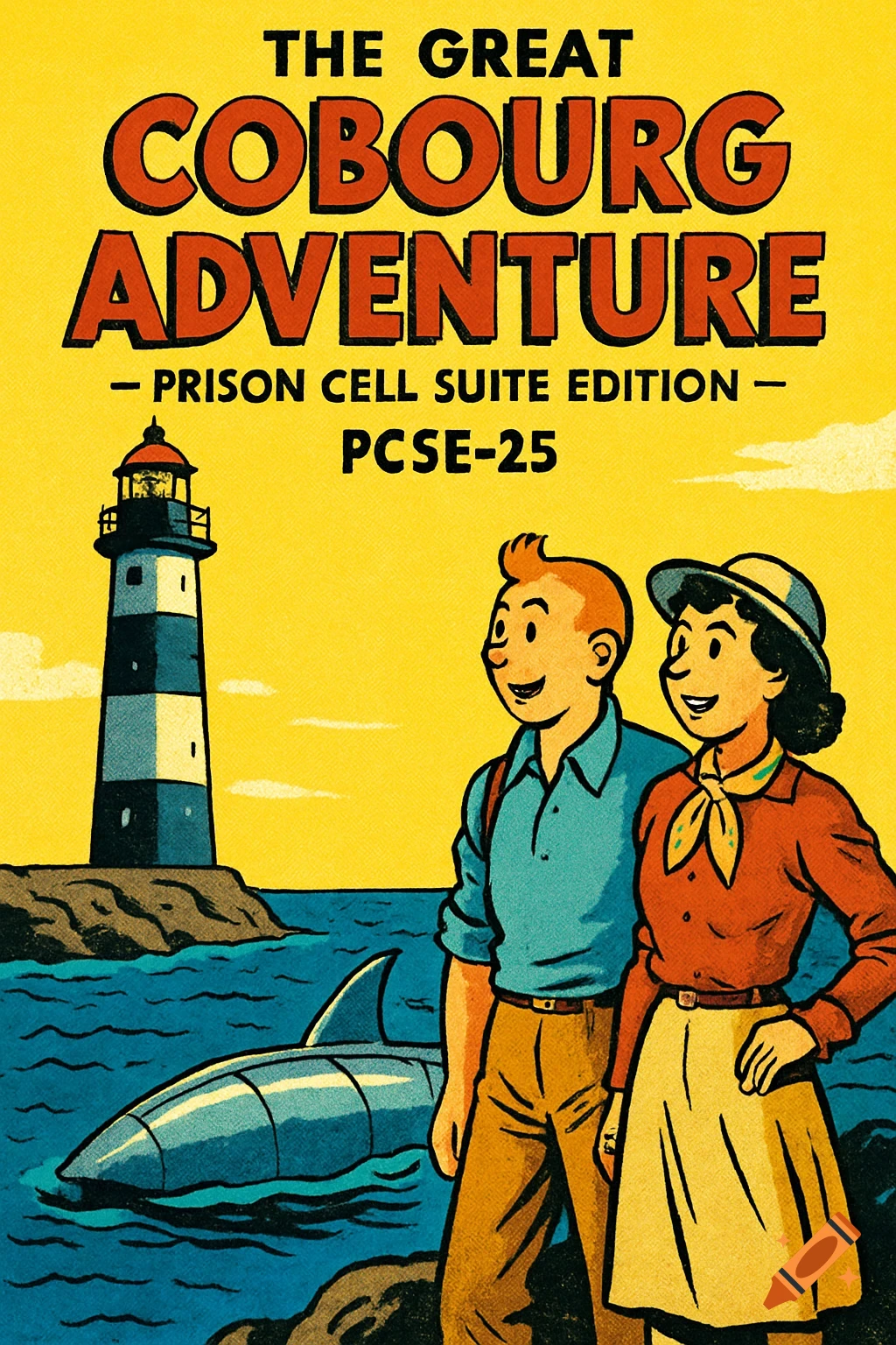Tintin comic art poster of a couple by a lighthouse and submarine, with the title 'The Great Cobourg Adventure'.