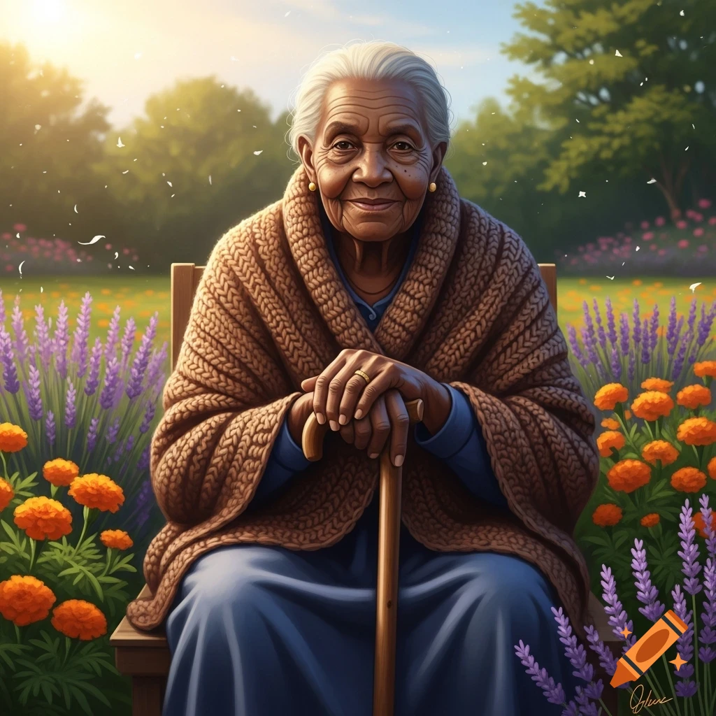 An elderly woman with white hair sits in a sunny garden, holding a cane, surrounded by purple and orange flowers in a photorealistic style.