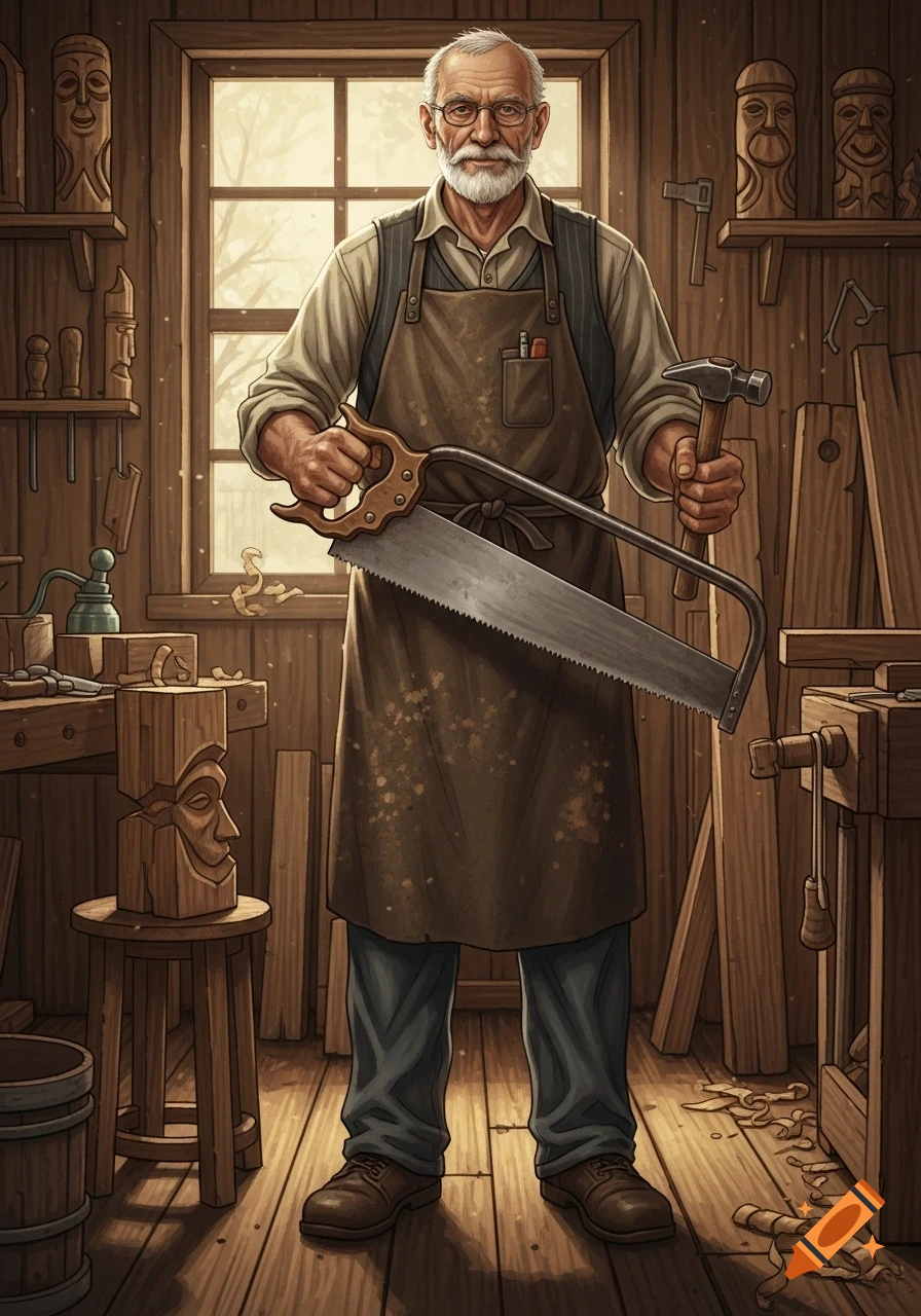 An old carpenter with a white beard and glasses stands in his rustic wooden workshop, holding an old handsaw and a hammer.