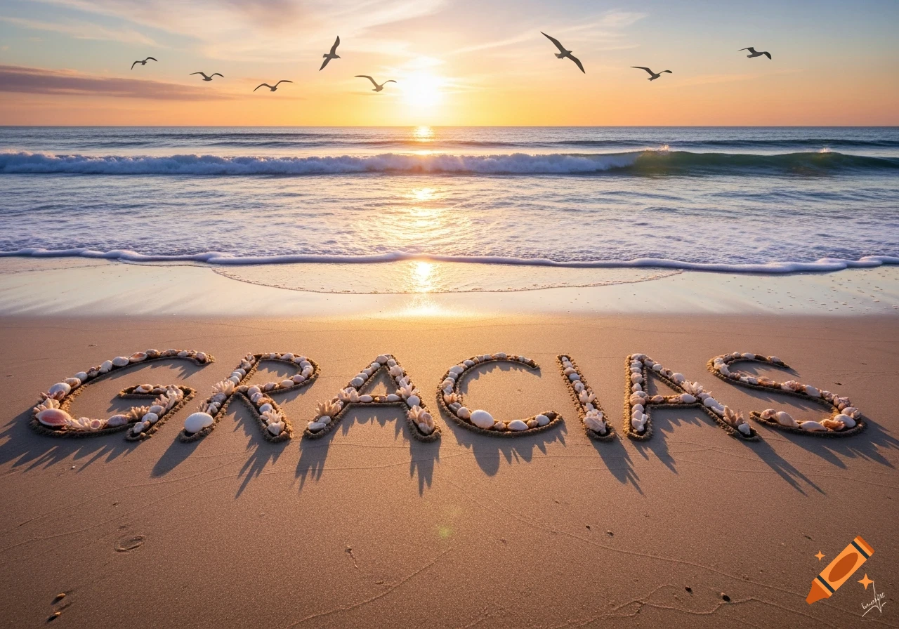 The word 'GRACIAS' spelled out in seashells on a sandy beach at sunset, with ocean waves and birds flying.