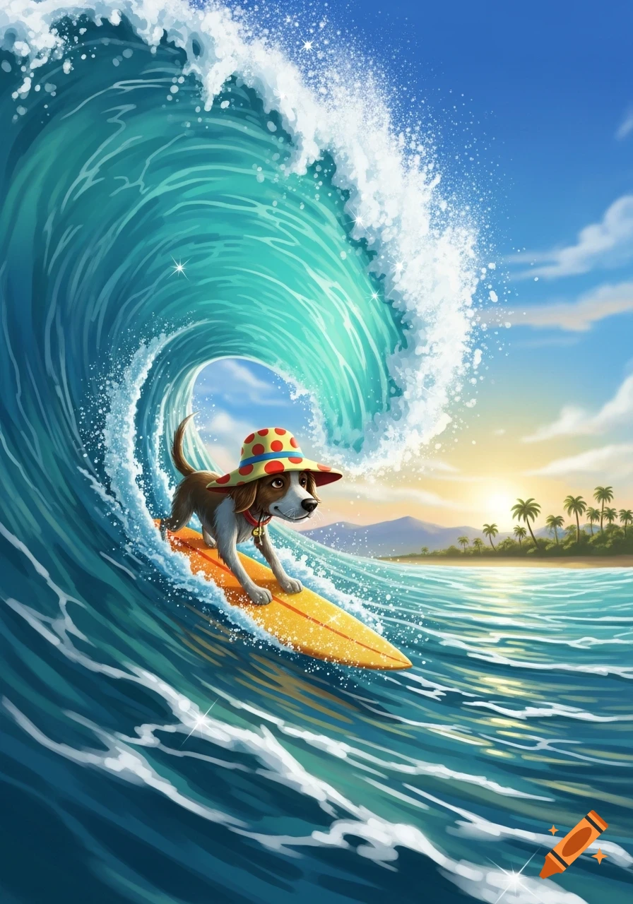 A cartoon dog in a polka dot hat surfs a large blue wave near a sunny beach with palm trees in a vibrant illustration.