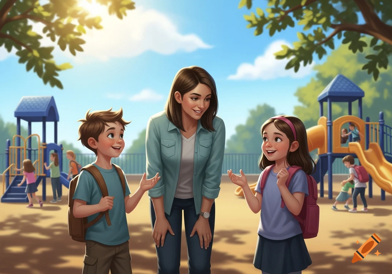 A cheerful illustration of an adult woman talking to two smiling children in a sunny playground with play structures.