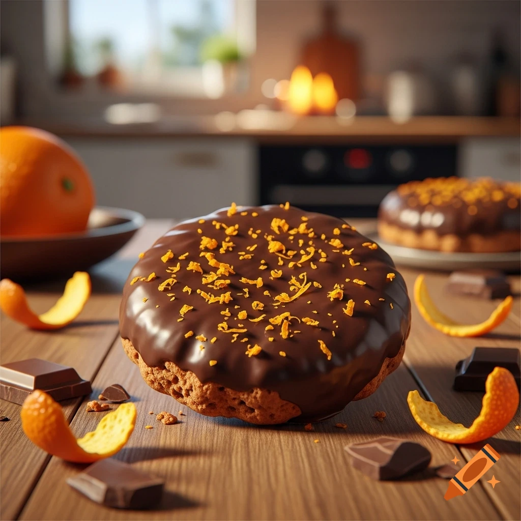 A close-up, photorealistic image of a chocolate-glazed cake topped with orange zest, surrounded by orange peels and chocolate pieces on a wooden table, with a blurred kitchen in the background.